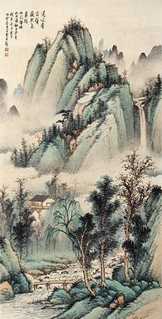 明/清 傳陳洪綬 青綠山水圖 軸|Landscape in the Blue-and-Green