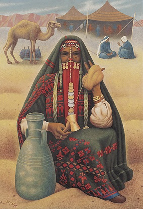 Portrait einer Nubierin im traditionellen Gewand vor Zelten, Kamel und
