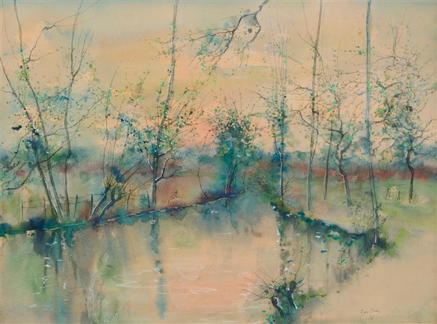 Tree-lined river landscape by Bernard Gantner on artnet