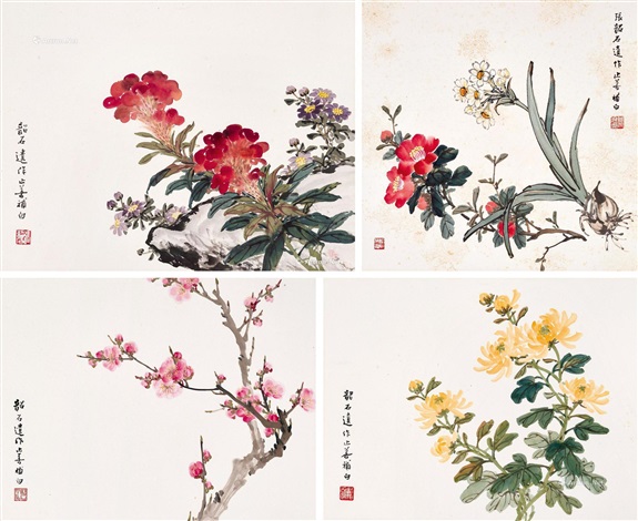 四时花卉镜心（四开） 设色纸本by Zhang Shaoshi on artnet
