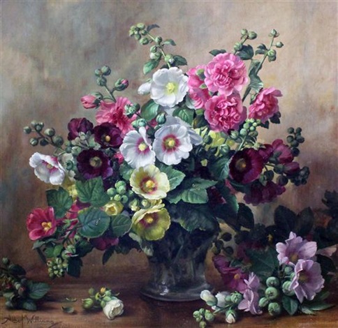 Image of Peonies and hollyhocks