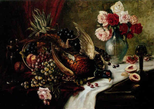 Still life with fruit, flowers and pheasant by Nikolaus (Niko) Wöhlk on