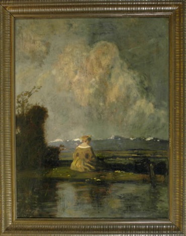 Sitzende Frau am Teich mit Blick in eine Voralpenlandschaft by Adolf