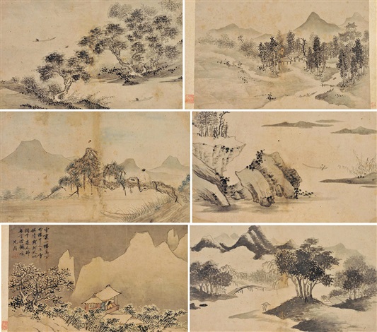 山水人物册册页（六开） 设色纸本by Shen Zhou on artnet