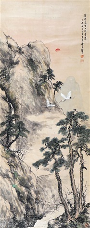 清国人 画家 詩人 江芸閣 山水 紙本掛軸 真作】掛軸 藤田陽恪『冠唐詩 水墨山水図』紙本 共箱付 掛け軸