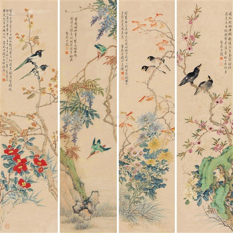 花鸟四屏立轴设色纸本FOUR SCREENS OF FLOWER AND BIRDS by Cai Xian