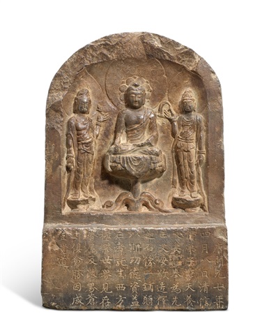 A large inscribed Buddhist triad stone stele, Tang dynasty, dated