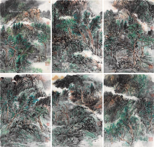 青绿山水（六帧） 镜片纸本设色Landscapes by Xiao Haichun on artnet