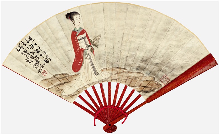 葡萄　桃　油彩画肉筆　静物画　作者時代不明 与徐平羽讨论国画变革而作红衣湘君扇by Fu Baoshi on artnet