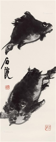 双鱼图立轴水墨纸本by Ji Dexiang on artnet