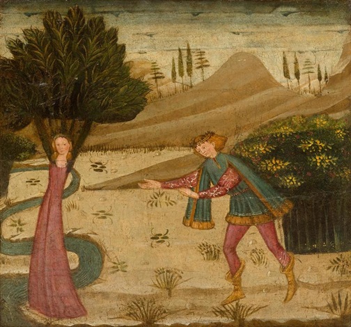 Lateral panel from a cassone, with a scene from Ovids Metamorphoses Apollo and Daphne by Italian ...