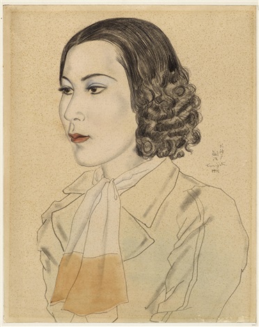 藤田嗣治、「Jeune Femme a la cravate rose」 Portrait de femme à la cravate by Léonard Tsuguharu Foujita