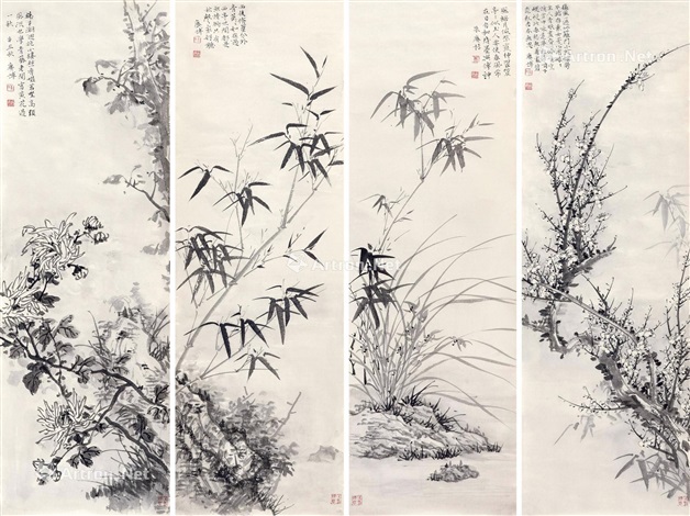 梅兰竹菊四条屏镜心水墨纸本by Zhu Gengbo on artnet