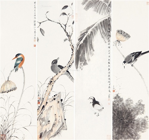 花鸟（四帧） 日本镜片设色纸本by Yang Liqi on artnet