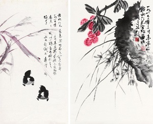 2024超人気 Zhang 立轴、镜心设色纸本by 花鸟（二帧） Junqiu Li and 版画