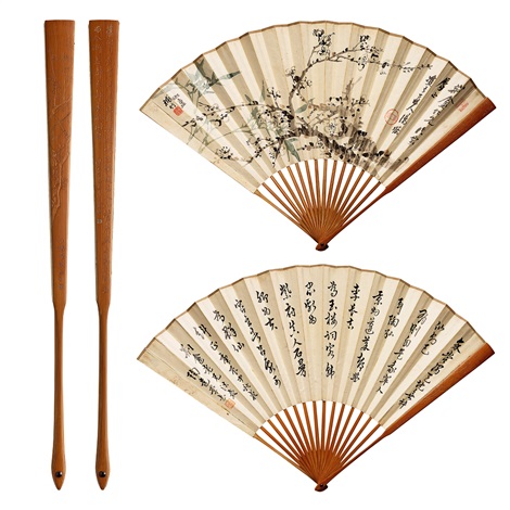 銅製 扇子形 陰刻詩文 梅花紋 文鎮 明清時代 幅約10.1cm 民国金东溪刻金城画梅花诗文扇骨by Jin Dongxi on artnet