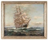 k393 額装絵画 Frank Vining Smith「帆船」木製額縁 ガラス 絵画