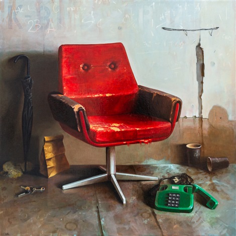Red Chair and Green Phone colorful realist interior Ukrainian