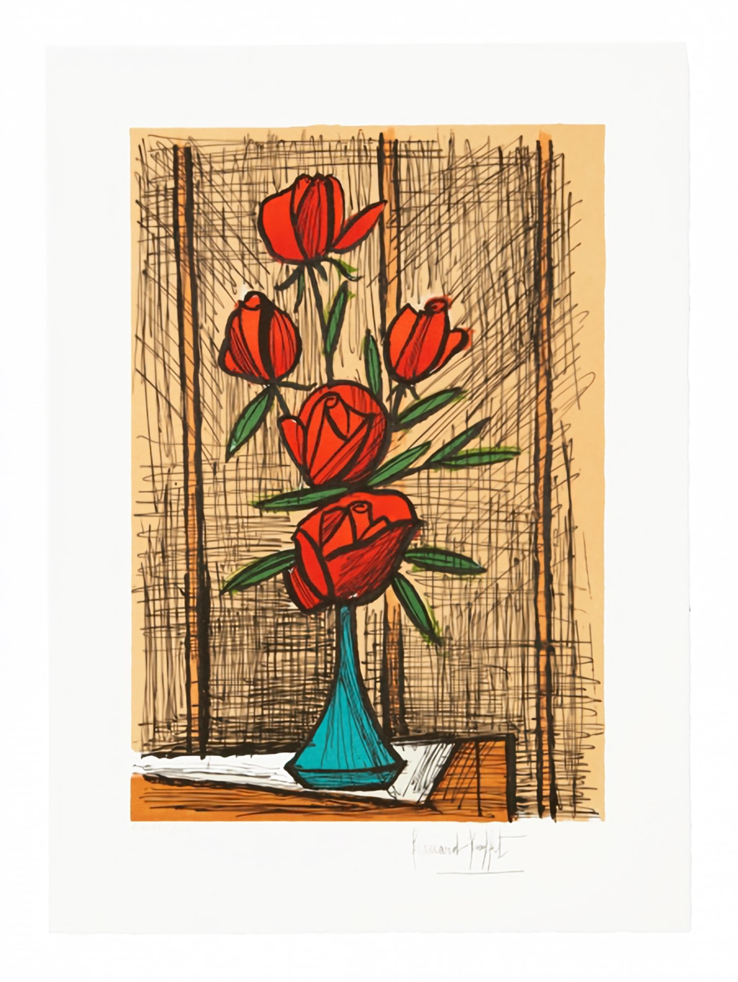 Bouquet de cinq roses au vase bleu by Bernard Buffet on artnet