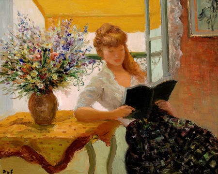Jeune Femme Lisant Près du Vase de Fleurs by Marcel Dyf on artnet